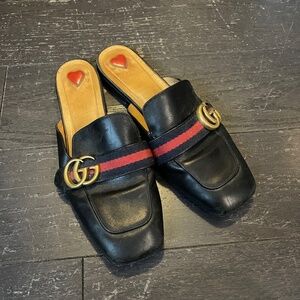 Gucci Black leather marmont Peyton GG heart Mules loafers women's size 38